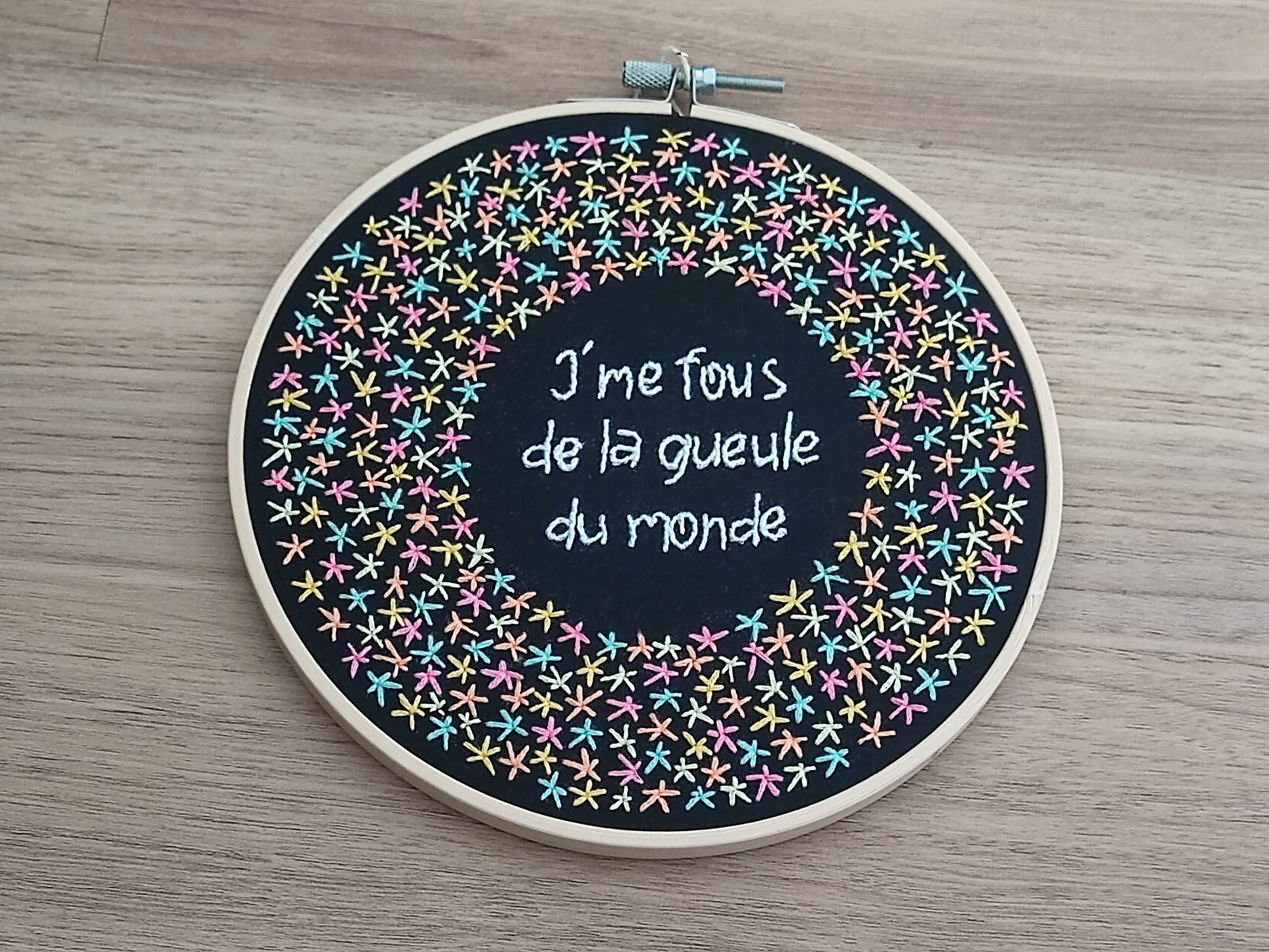 Broderie tambour "je me fous de la gueule du monde"